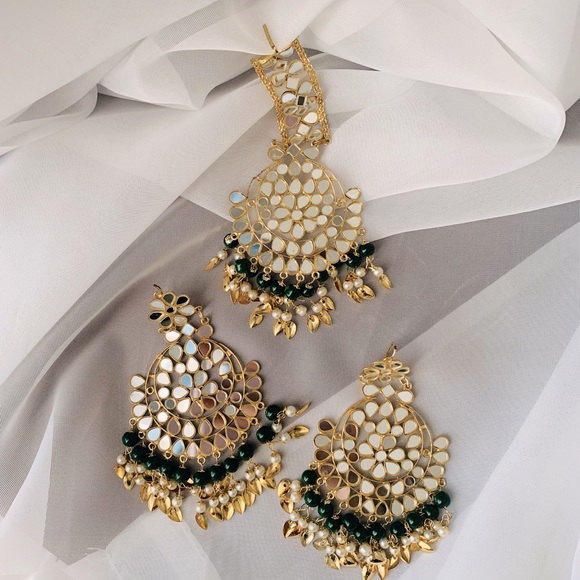 Jewelry Set Earrings Tika Headpiece Indian Bollywood Mirror Work Kundan Bead - Picture 4 of 8